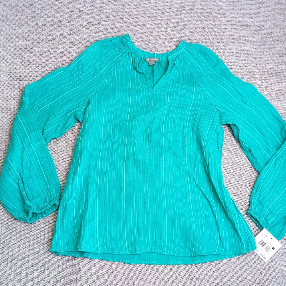 Falls Creek Blouse Womens S Green New Striped Cotton Gauze Long Sleeve Boho Top